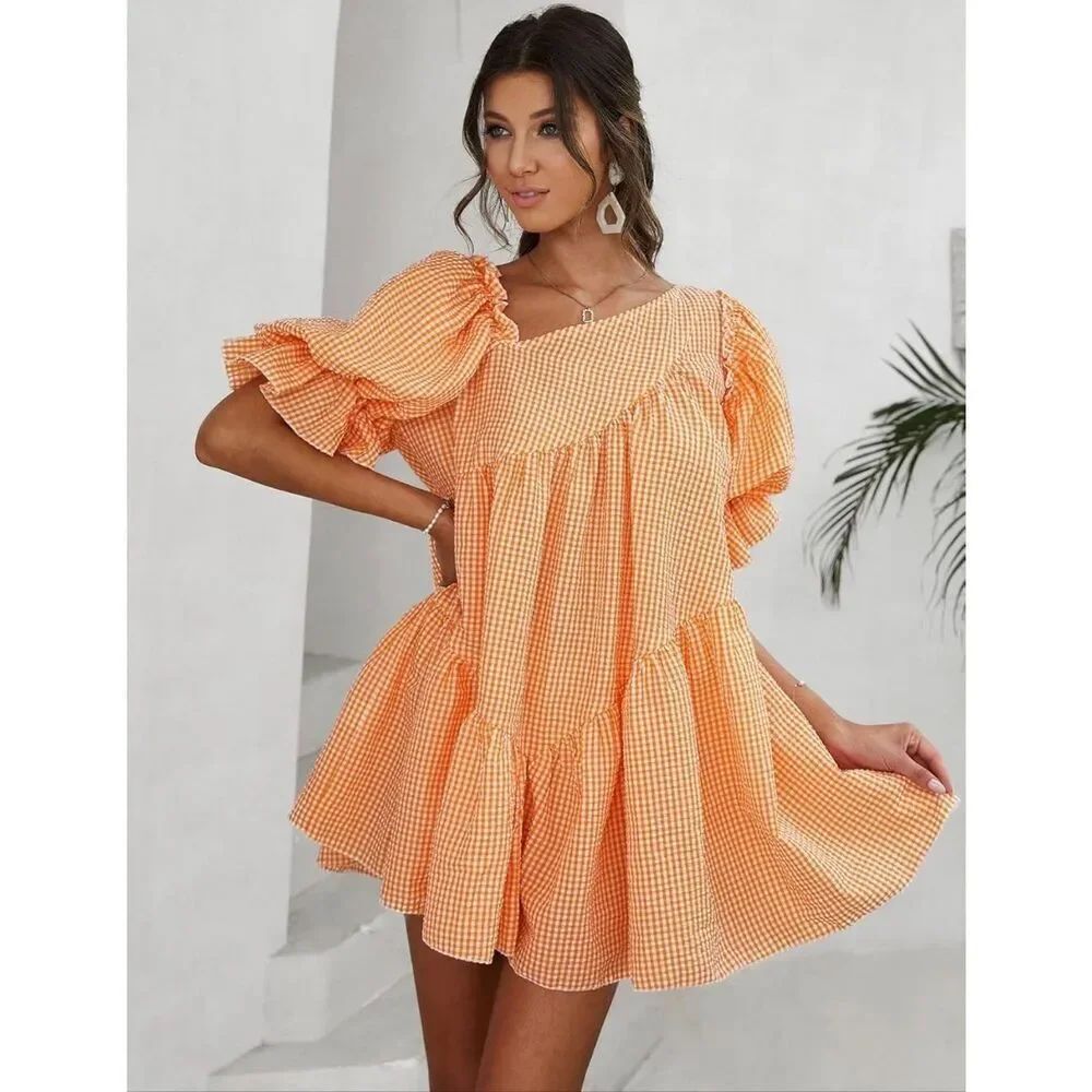 Women’s Orange White Gingham Asymmetrical Neck Puff Sleeve Ruffle Smock Dress